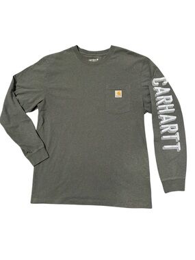 Carhartt Long Sleeve Pocket T Shirt Loose Fit Olive Green Logo Sleeve Size M